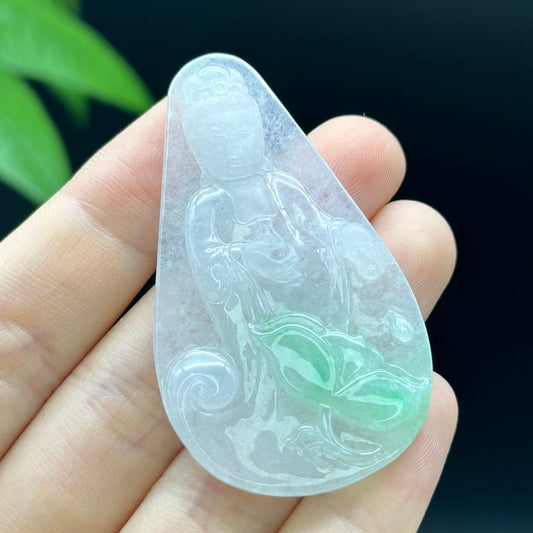 "Goddess of Compassion" Genuine Burmese Jadeite Jade Guanyin Necklace With Good Luck Design