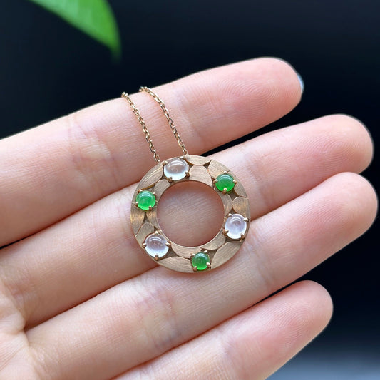 18K Rose Gold "Multi-Color Jadeite" Genuine Ice and Imperial Jadeite Jade Pendant