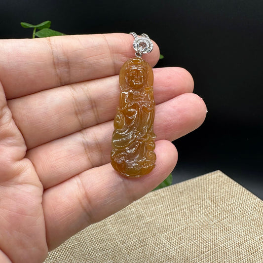 "Goddess of Compassion" 18k White Gold Genuine Burmese Jadeite Jade Guanyin Necklace With Good Luck Design