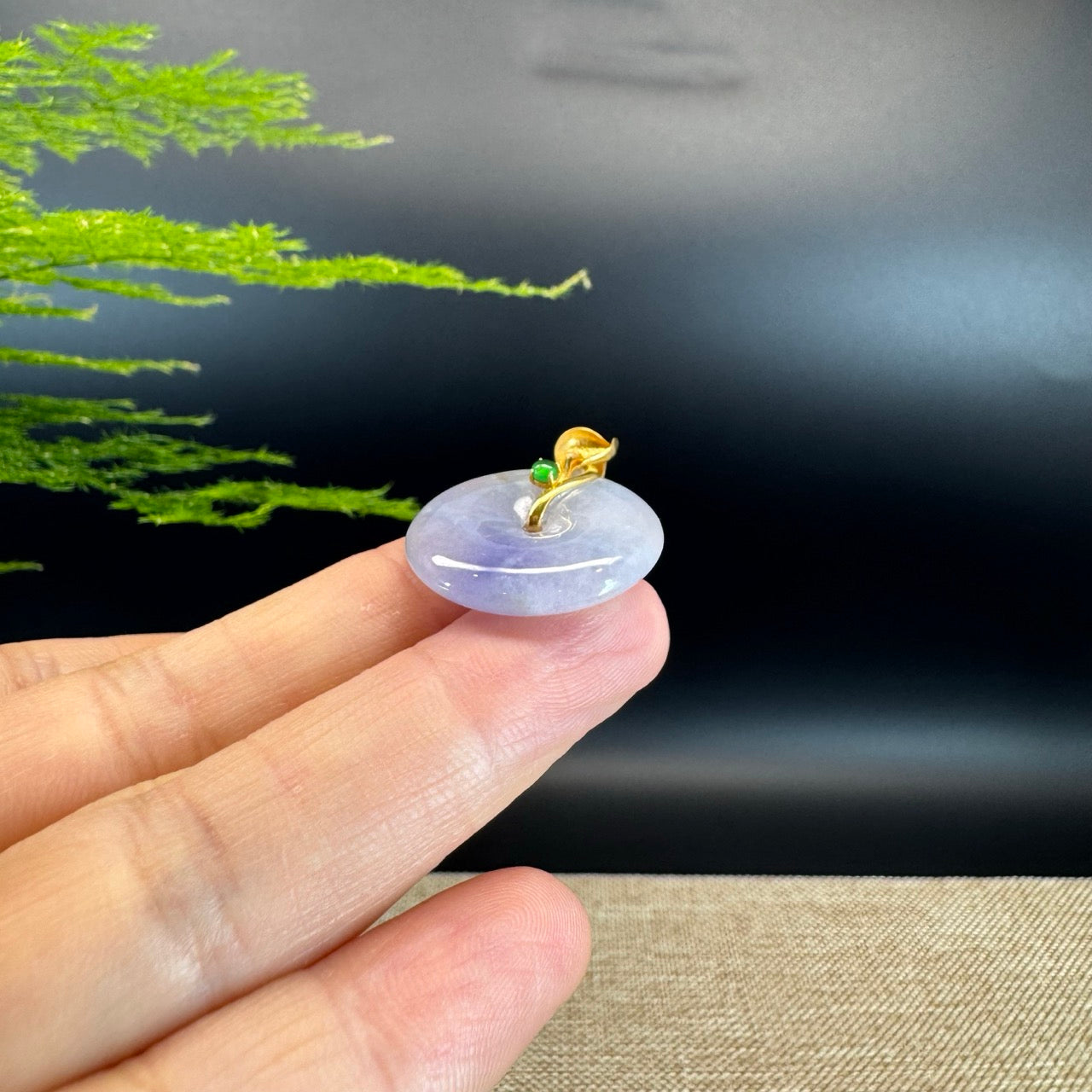 "Good Luck Button" Icy Lavender Jadeite Jade Lucky KouKou Pendant With 18K Yellow Gold  Bail