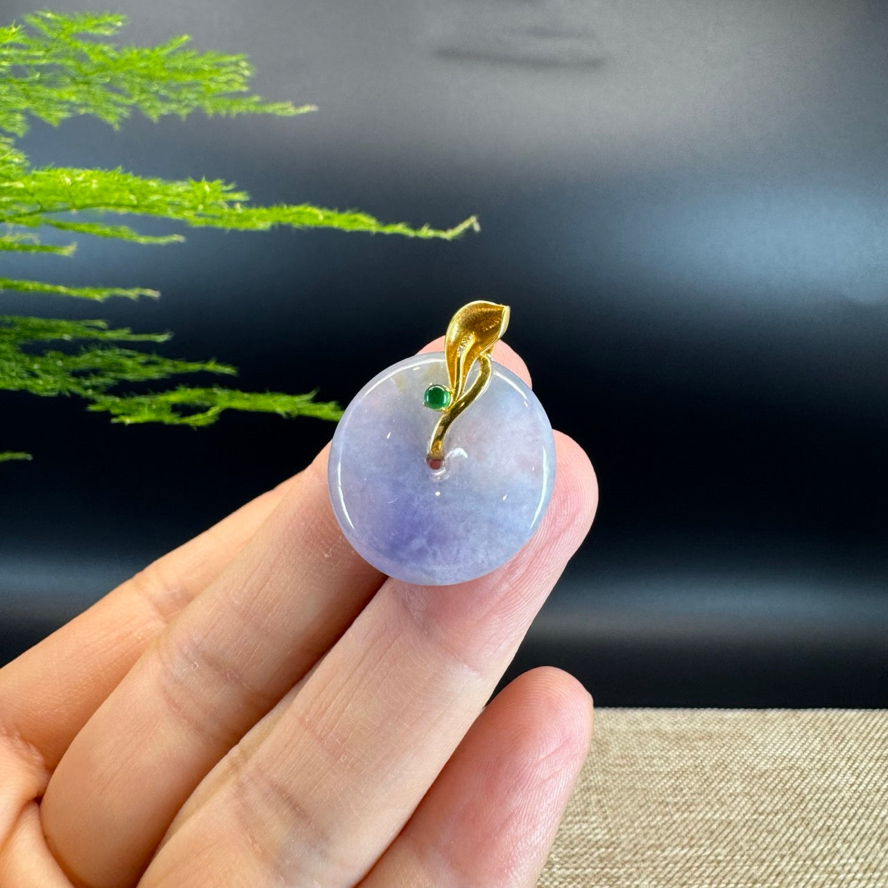 "Good Luck Button" Icy Lavender Jadeite Jade Lucky KouKou Pendant With 18K Yellow Gold  Bail