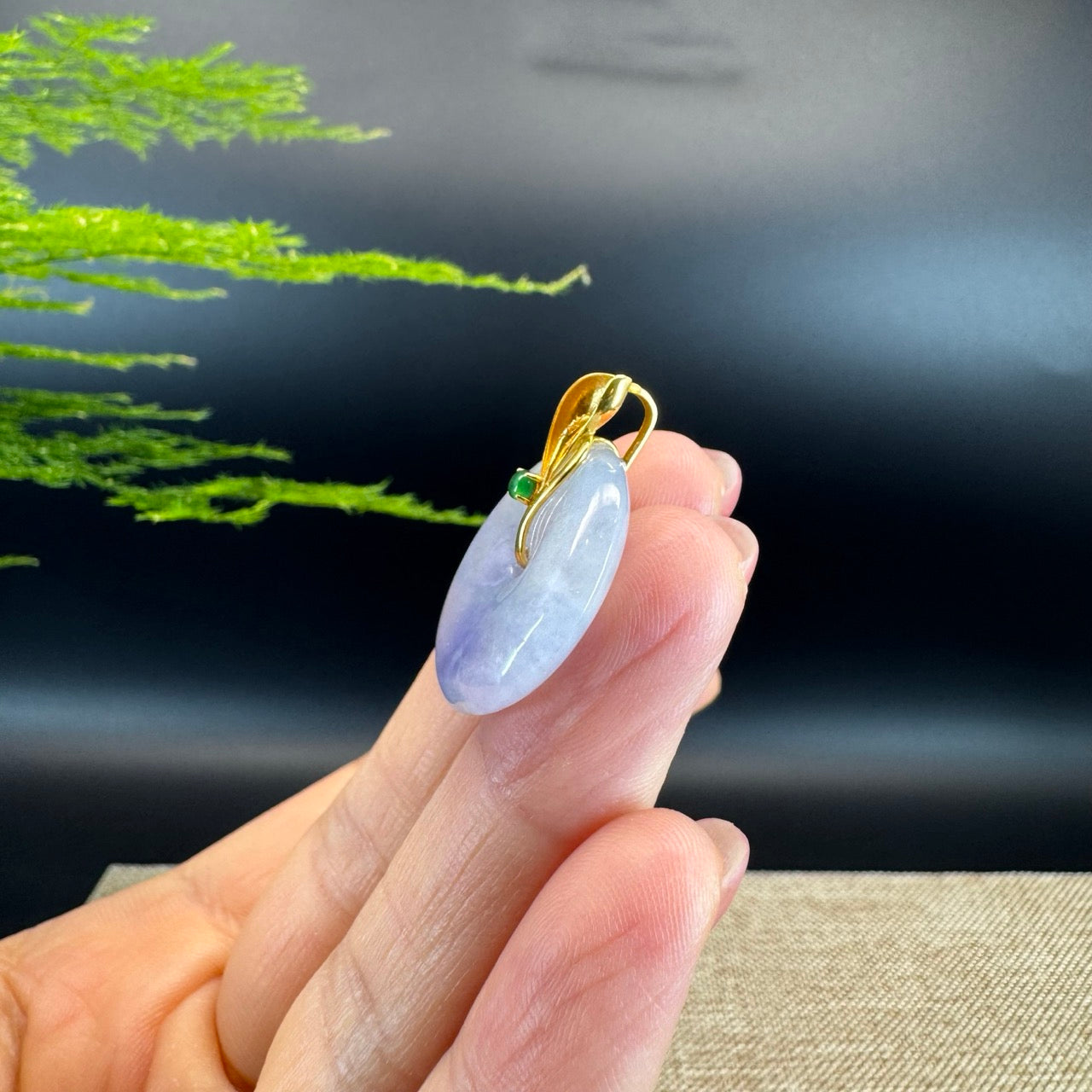 "Good Luck Button" Icy Lavender Jadeite Jade Lucky KouKou Pendant With 18K Yellow Gold  Bail