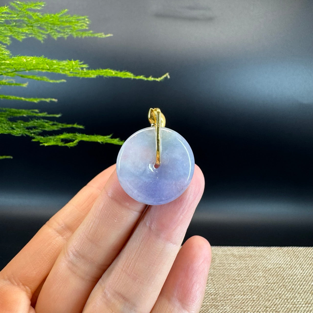 "Good Luck Button" Icy Lavender Jadeite Jade Lucky KouKou Pendant With 18K Yellow Gold  Bail