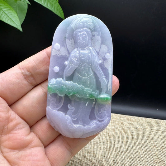 "Goddess of Compassion" Genuine Burmese Jadeite Jade Guanyin Necklace With Good Luck Design