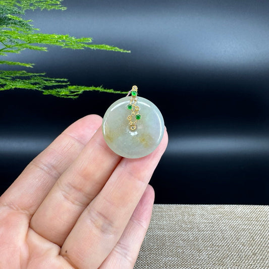 "Good Luck Button"Icy Yellow Jadeite Jade Lucky KouKou Pendant With 18K Yellow Gold  Bail