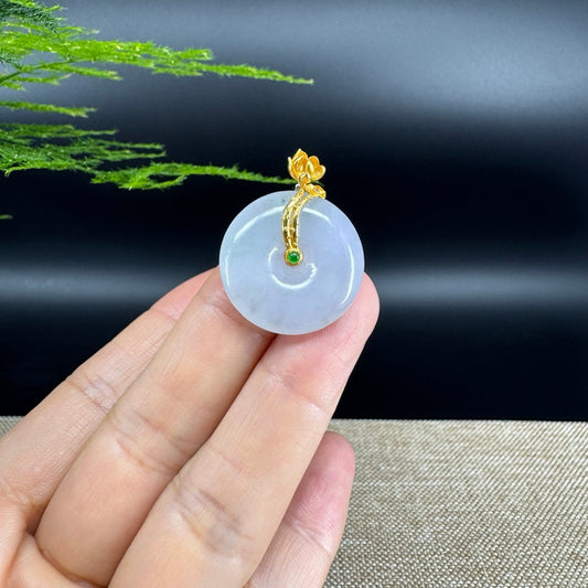 "Good Luck Button" Lavender Jadeite Jade Lucky KouKou Pendant With 18K Yellow Gold  Bail