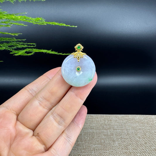 "Good Luck Button" Lavender Green Jadeite Jade Lucky KouKou Pendant With 18K Yellow Gold  Bail