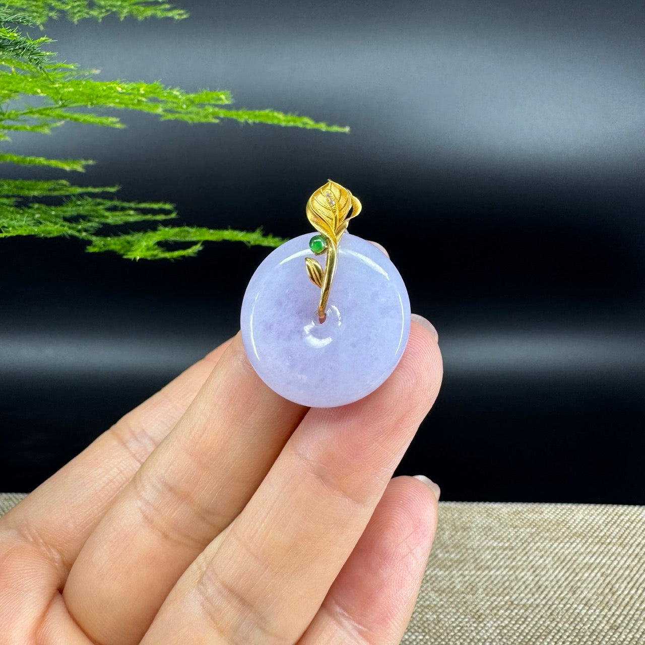 "Good Luck Button" Lavender Jadeite Jade Lucky KouKou Pendant With 18K Yellow Gold  Bail