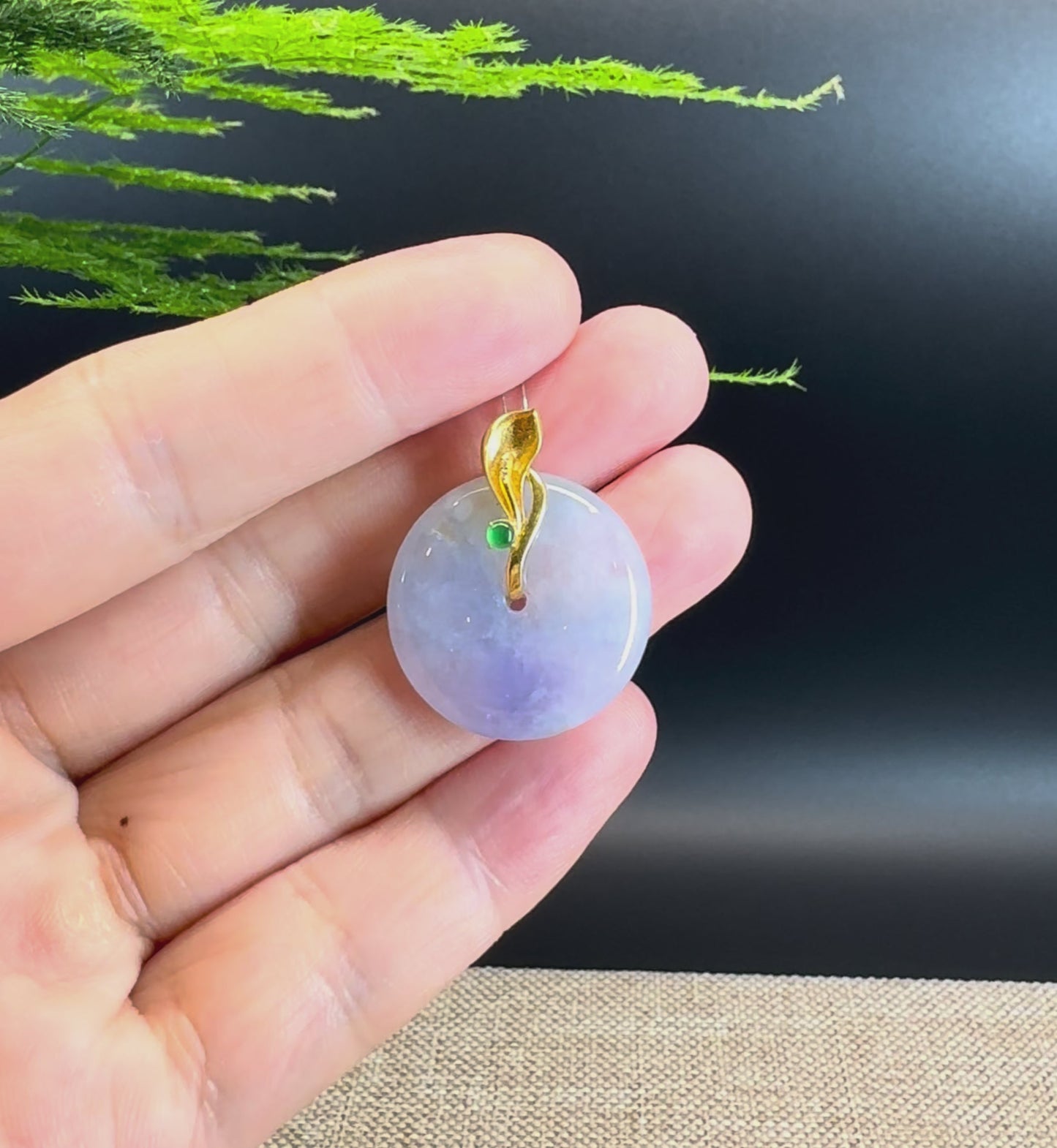 "Good Luck Button" Icy Lavender Jadeite Jade Lucky KouKou Pendant With 18K Yellow Gold  Bail